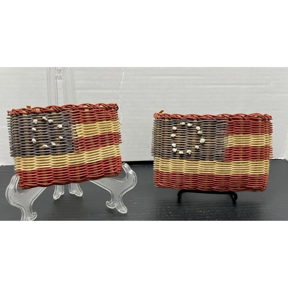 Vtg Patriotic Americana Woven Nesting Basket USA Flag Rustic Country Home Decor